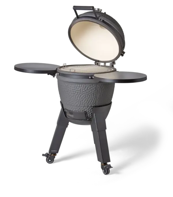 Zijaanzicht Moddern Grey Complete kamado met geopend deksel en zicht op het keramische binnenwerk